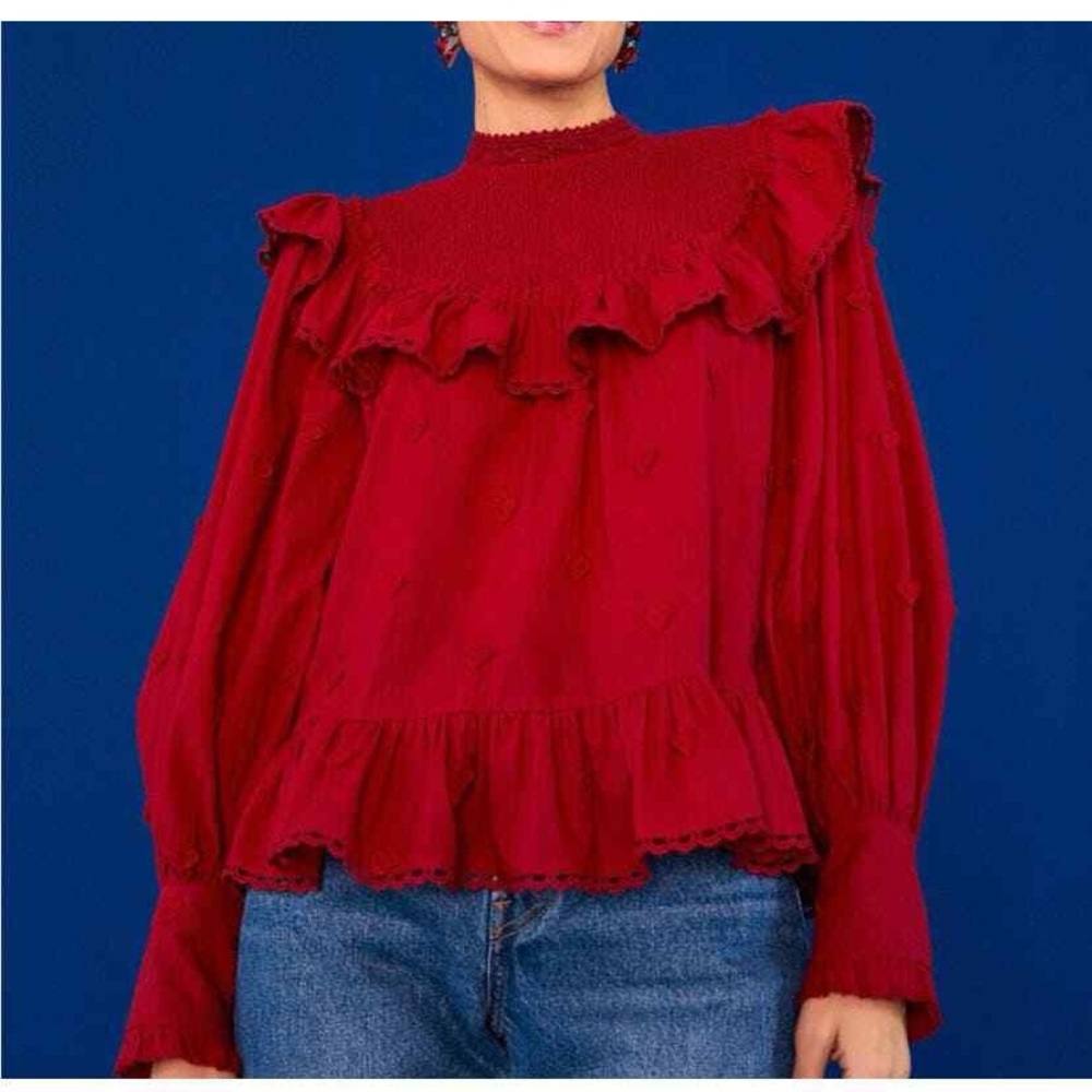 FARM Rio Crimson Ruffled Smocked-Neck‎ Blouse